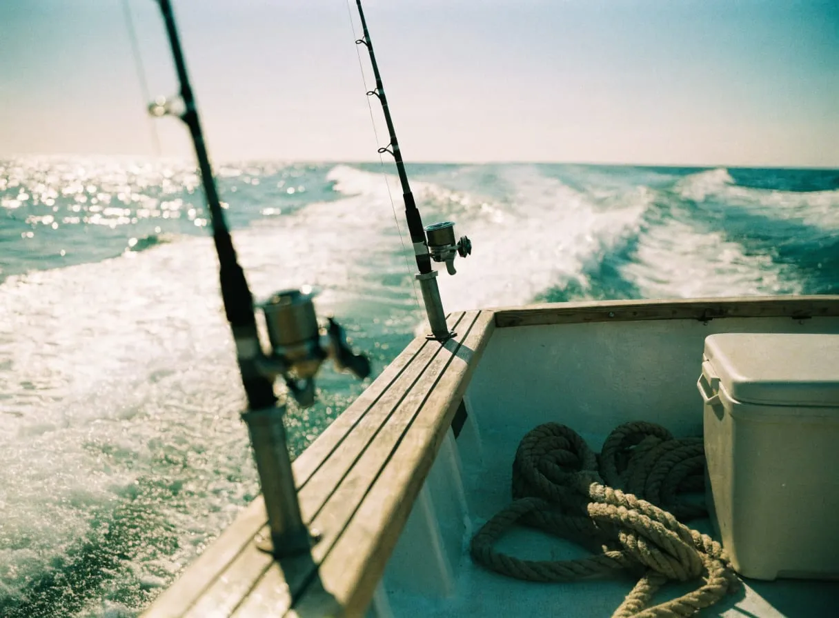 Rods in their holders on the stern deck, with the wake beyond.